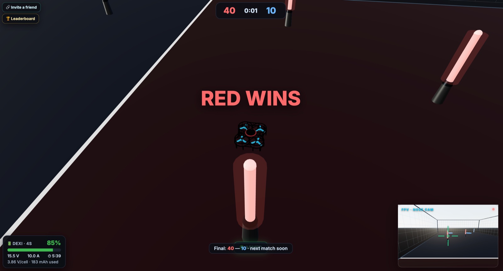 End-of-match screen reading RED WINS, a drone hovering by a glowing beacon; final score 40 to 10.