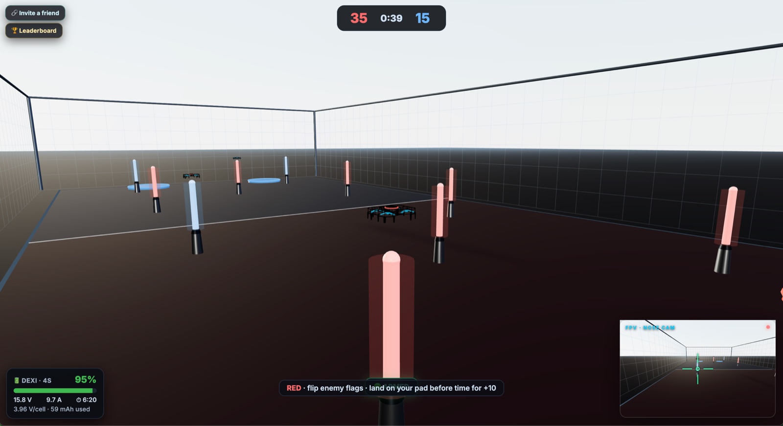 A Capture the Flag match in progress — a drone flies between glowing red and blue beacons inside the netted arena.